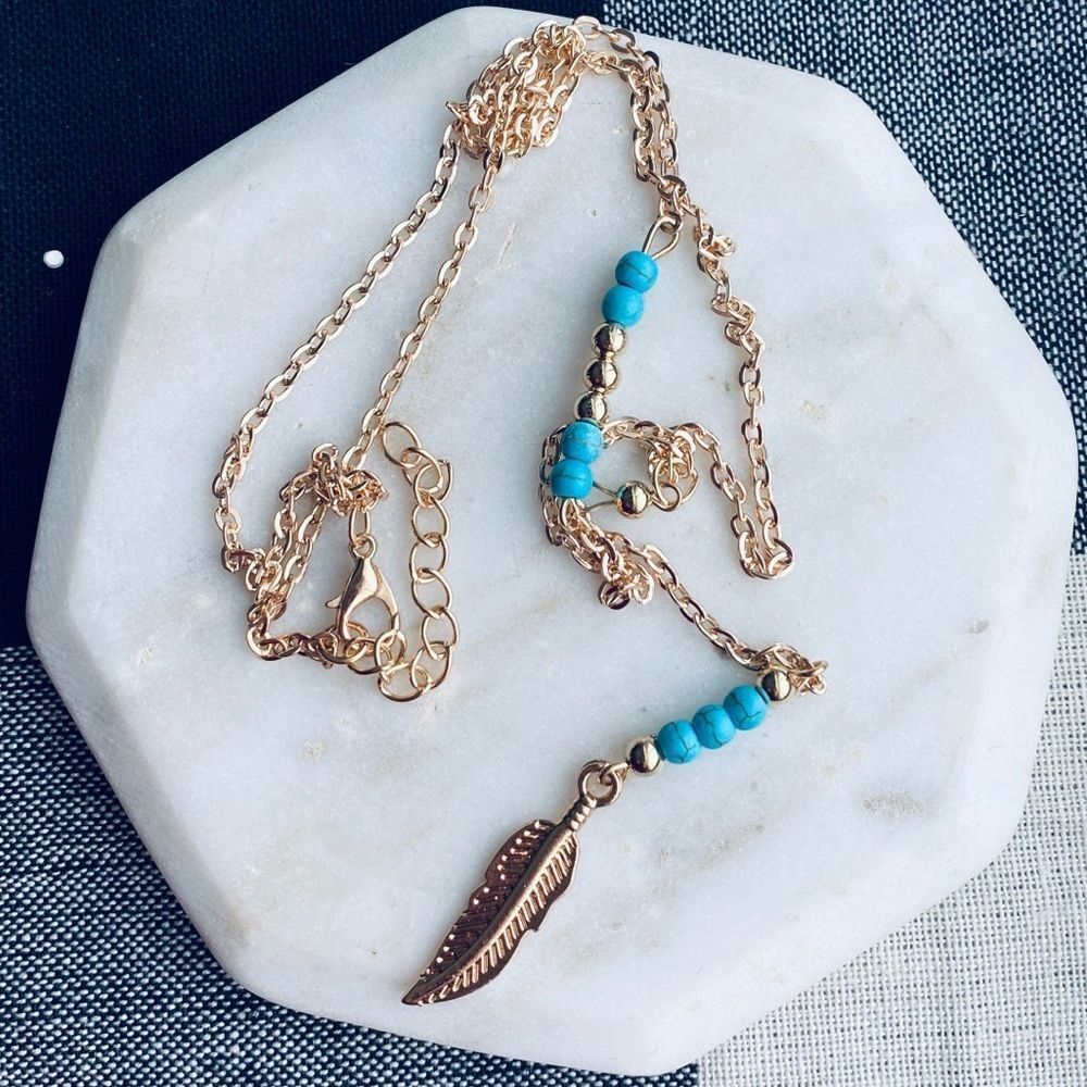 Feather Lariat Necklace Gold Womens Boho Jewelry